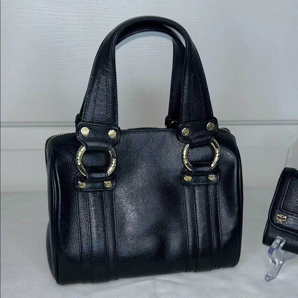 MCM Boston Mini Black Pebble Leather Bag, Matching Wallet Gold Hardware Vintage